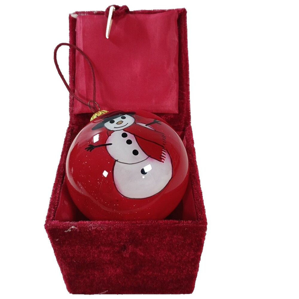 Hand Painted Glass Christmas Ornament Red Snowman in Original Velvet Gift Box